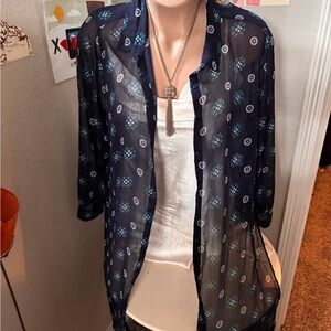 Sheer Navy Patterned Button-Up Shirt